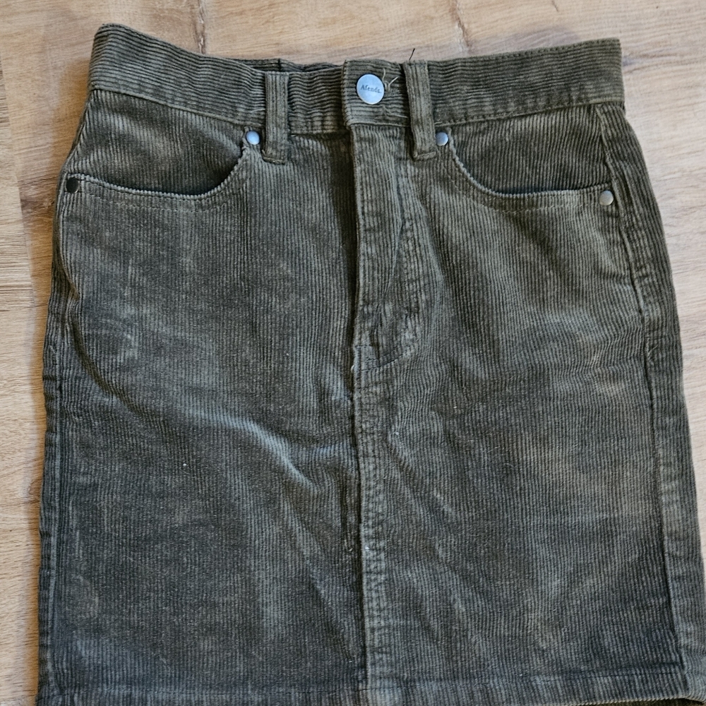 Afends Corduroy Zip Front Mini Skirt Greenish Gray Color Size 2
